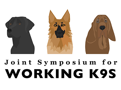 Joint Symposium for Working K9s, black labrador, brown german shepherd, brown bloodhound dogs shown