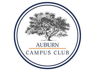 Oak tree in the middle of a white circle  with two navy bands on outer edge with Auburn Campus Club under tree